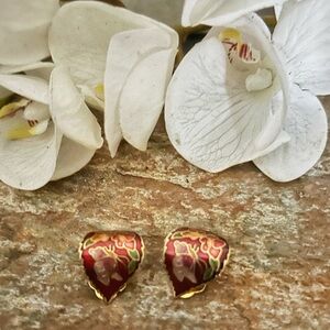 Vintage Red Leaf Cloisonne Clip On Earrings
